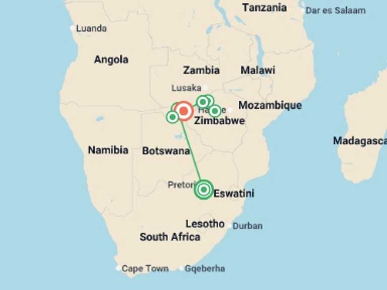 Map itinerary of Africa Tour in June 2026 with 7 destination visits for the trip: Safari Cruise along the Zambezi River - South Africa, Botswana, Namibia, Zimbabwe (port-to-port cruise)