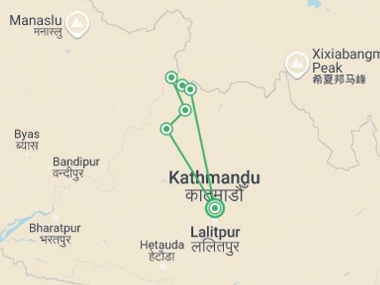 Map itinerary of Nepal Tour in Winter with 7 destination visits for the trip: Ruby Valley Ganesh Himal Trek / Pangsang Pass
