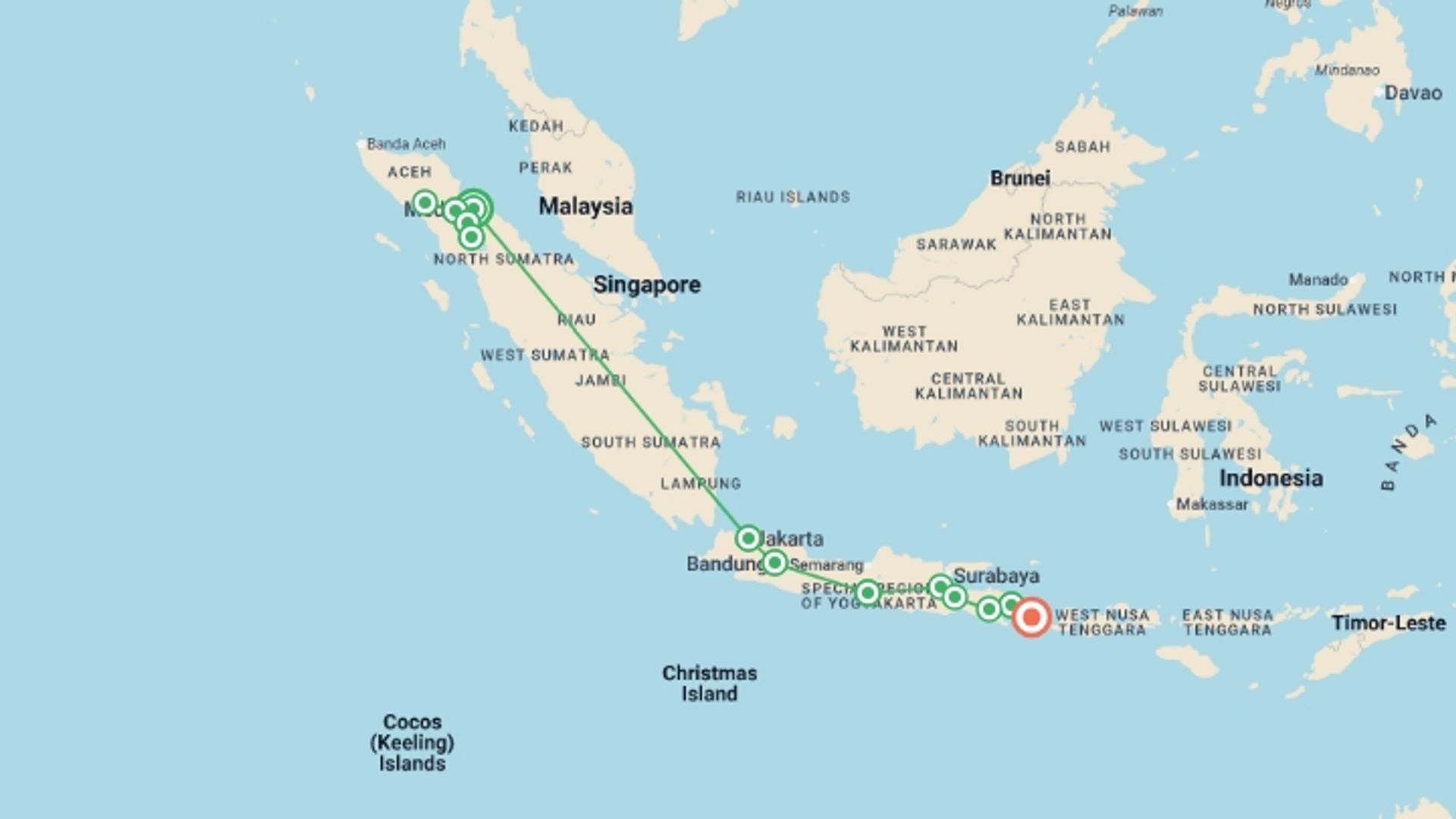 A map showing the tour itinerary for the trip: Best of Indonesia, starting in Medan, Indonesia and ending in Ubud, Indonesia going through 11 other destinations.