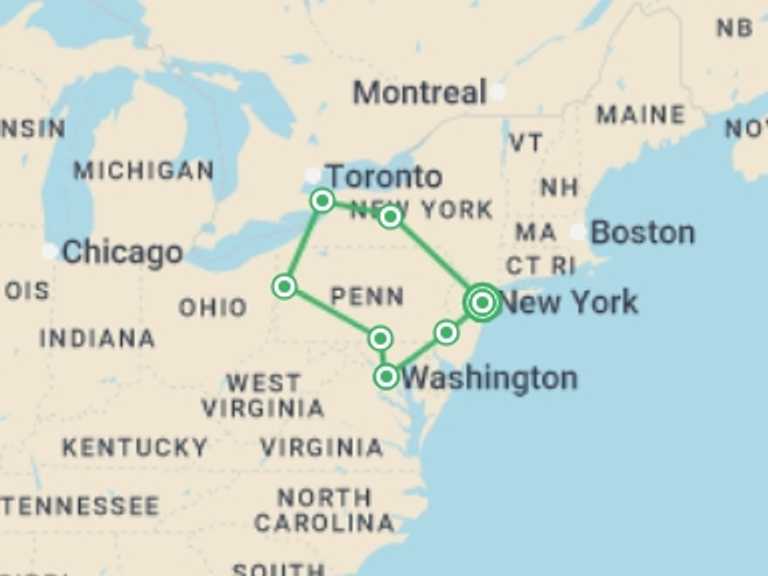 Map of a Adventure Tour with 5 destination visits for the trip: Great Eastern Cities