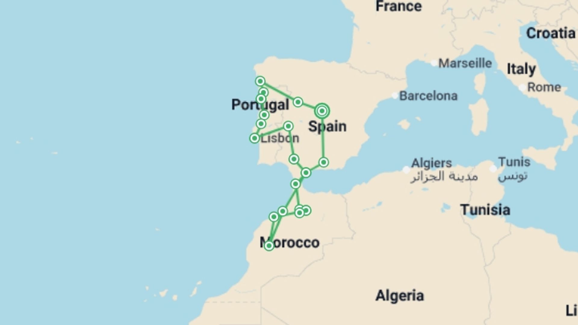 A map showing the tour itinerary for the trip: Classic Spain, Portugal & Morocco - 18 days, starting in Madrid, Spain and ending in Madrid, Spain going through 11 other destinations.
