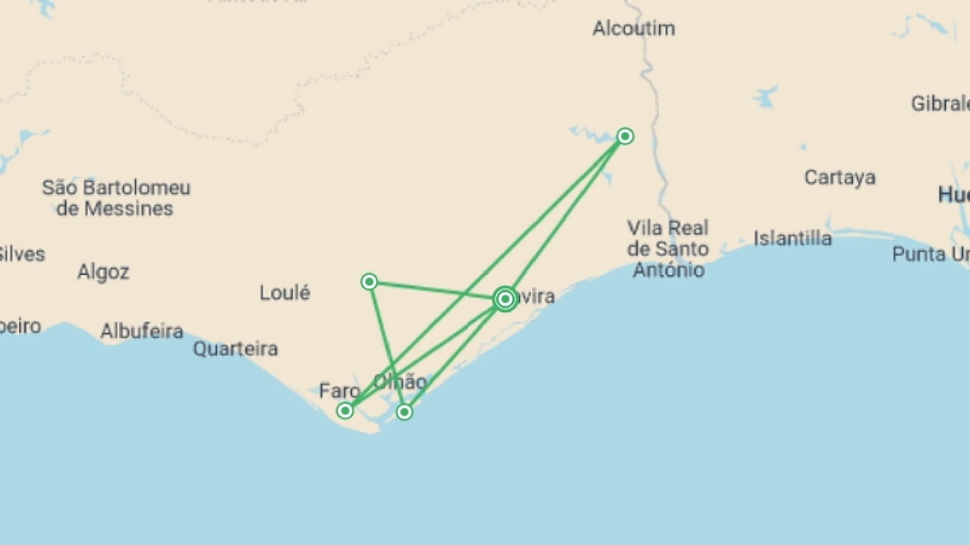 A map showing the tour itinerary for the trip: Upgraded - Walking in the Algarve, starting in Tavira, Portugal and ending in Tavira, Portugal going through 5 other destinations.