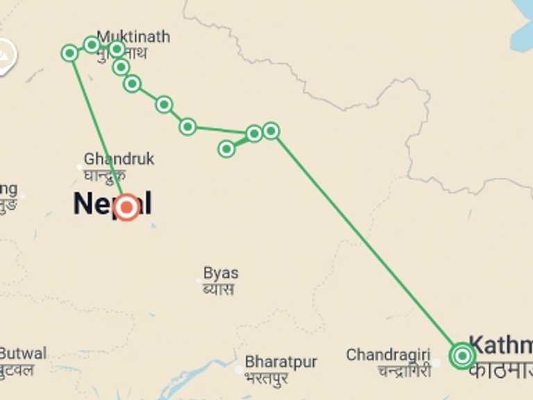 Map itinerary of Nepal Tour in Fall with 12 destination visits for the trip: Annapurna Circuit Trek
