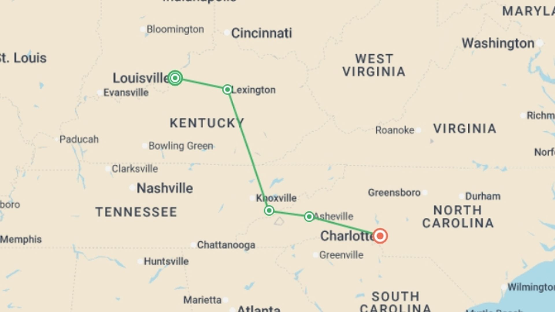 A map showing the tour itinerary for the trip: Bluegrass Country & the Smoky Mountains featuring Louisville, Lexington, Gatlinburg & Asheville, starting in Louisville, USA and ending in Charlotte, USA going through 3 other destinations.
