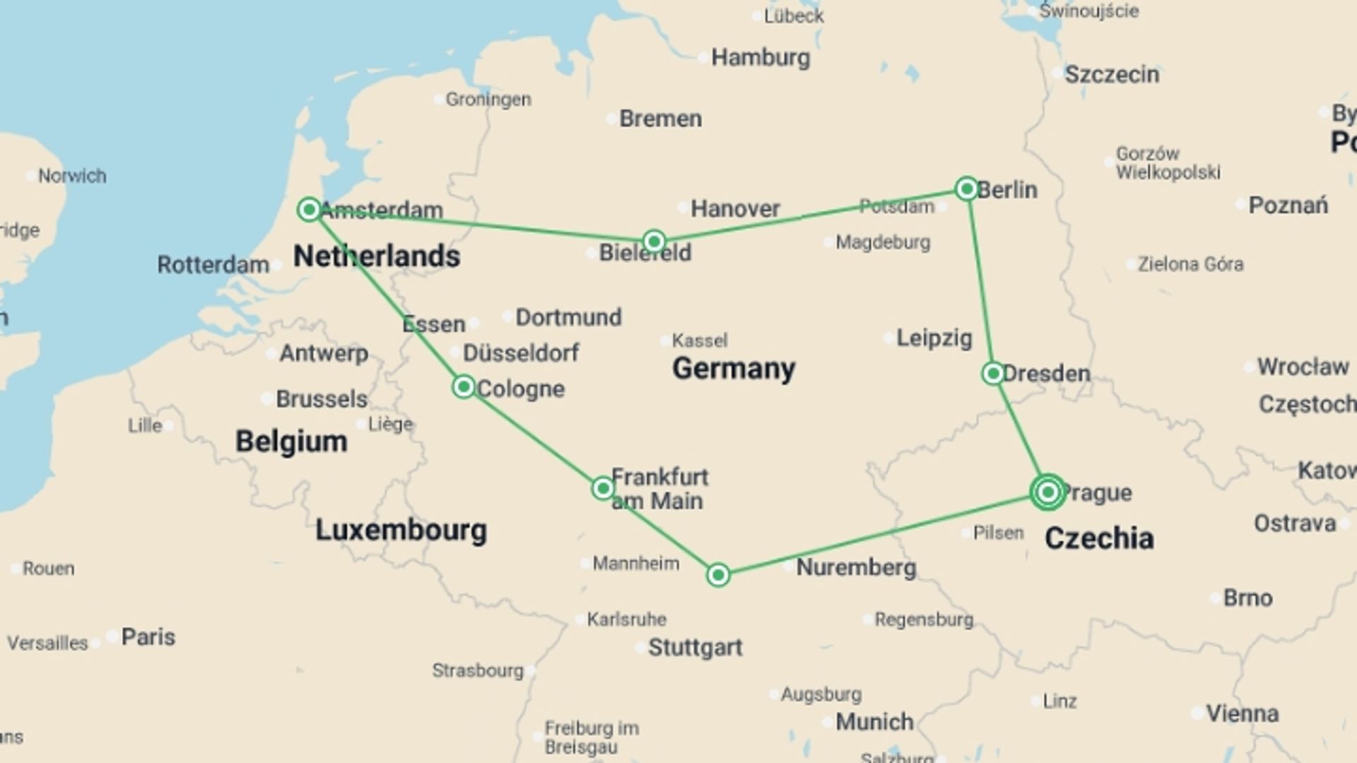 A map showing the tour itinerary for the trip: Prague and Germany, starting in Prague, Czech Republic and ending in Prague, Czech Republic going through 3 other destinations.