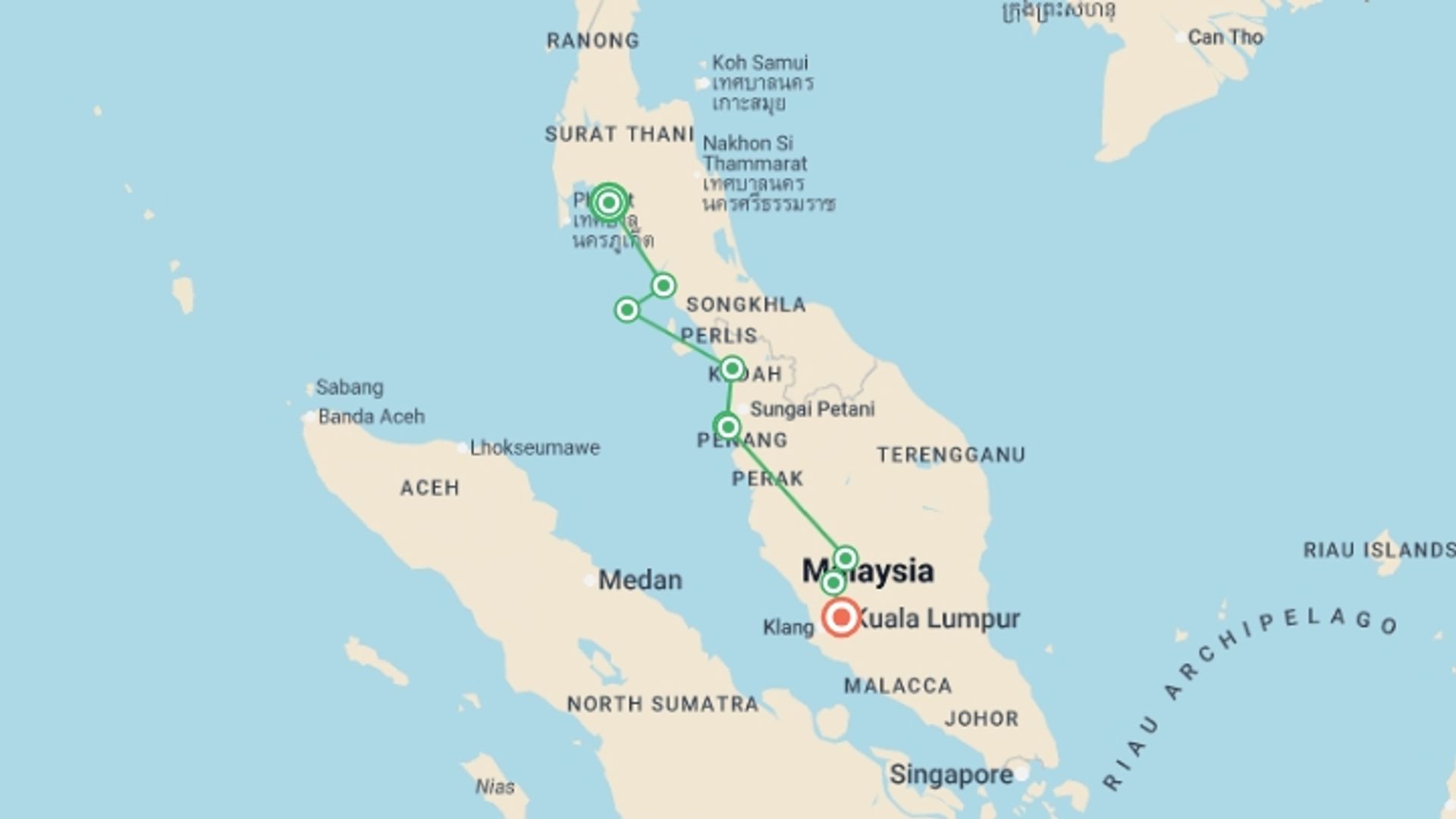 A map showing the tour itinerary for the trip: Road Cycling Thailand to Malaysia, starting in Krabi, Thailand and ending in Kuala Lumpur, Malaysia going through 8 other destinations.