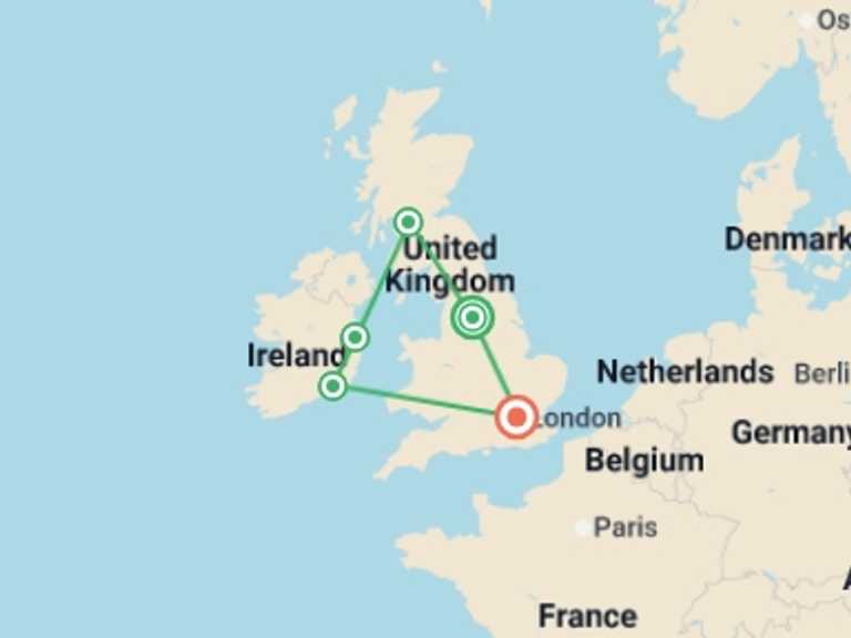 Map itinerary of Europe Tour in Winter with 5 destination visits for the trip: Britain and Ireland Delight
