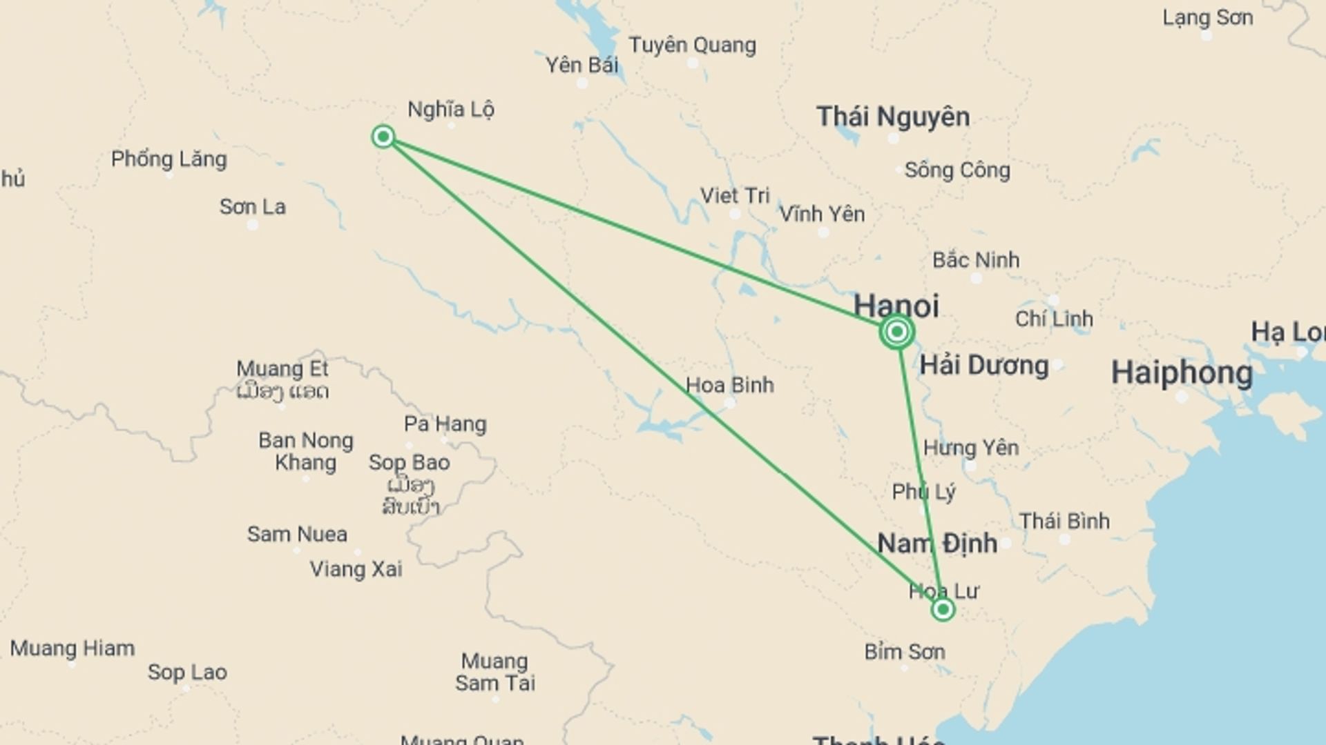 A map showing the tour itinerary for the trip: Vietnam Short Break: Hanoi to Ninh Binh, starting in Hanoi, Vietnam and ending in Hanoi, Vietnam going through 2 other destinations.