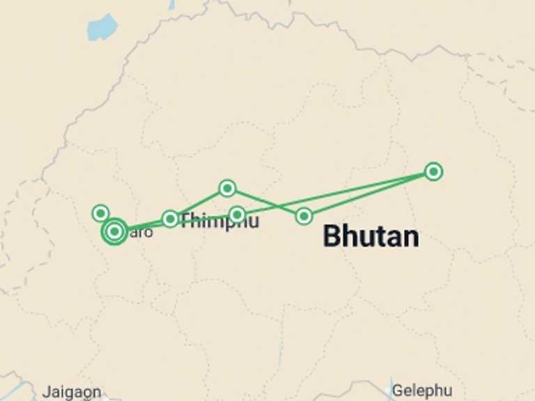 Map of Bhutan Tour with 7 destination visits for the trip: Bhutan Explorer & Jambay Lhakhang Festival