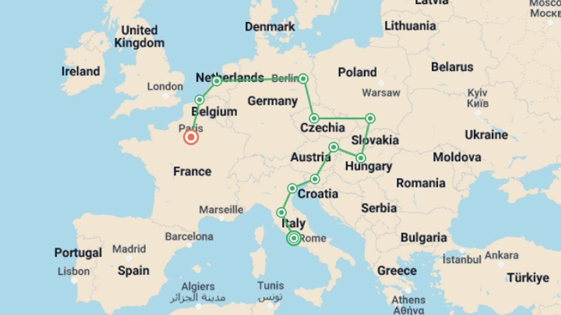 A map showing the tour itinerary for the trip: Rome to Paris: Cobblestones & Cuisine, starting in Rome, Italy and ending in Paris, France going through 10 other destinations.
