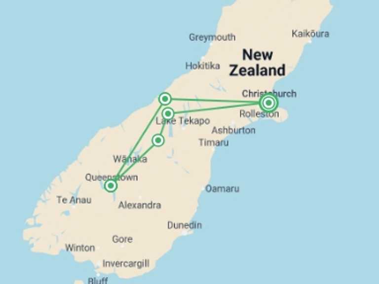 Map of Oceania Tour with 5 destination visits for the trip: Active New Zealand