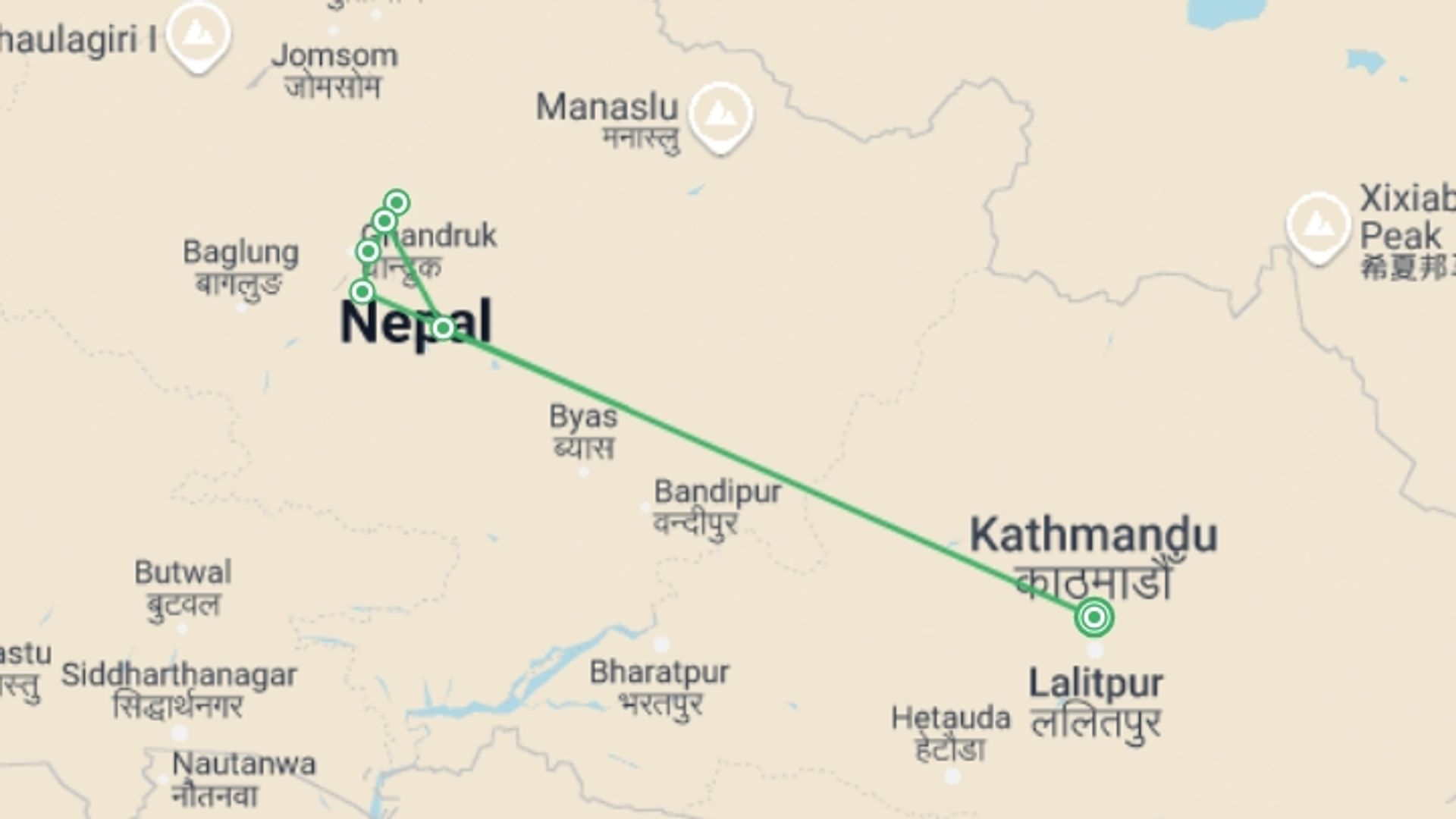 A map showing the tour itinerary for the trip: Trek Mardi Himal Base Camp, starting in Kathmandu, Nepal and ending in Kathmandu, Nepal going through 7 other destinations.