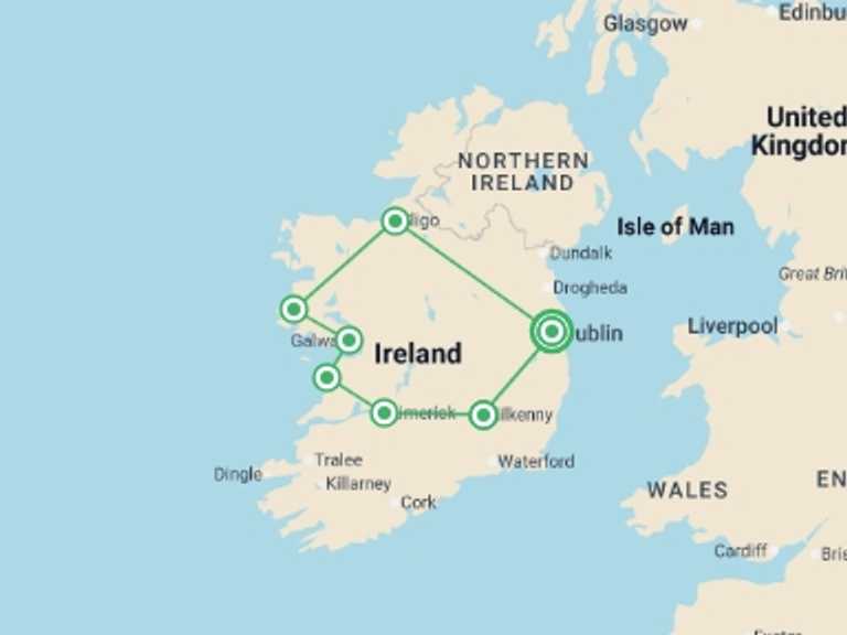 Map of Ireland Tour with 6 destination visits for the trip: Best of Ireland