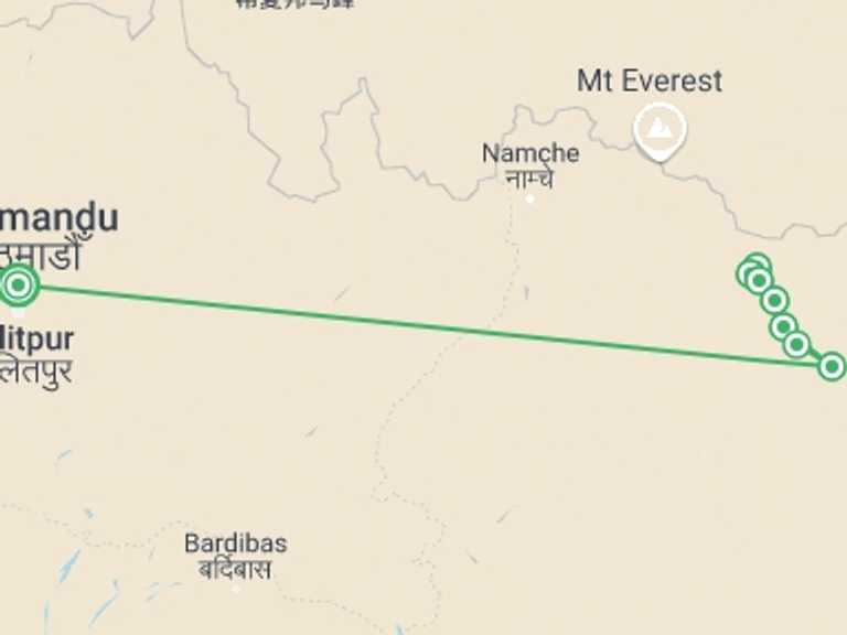 Map of 14-Day Kathmandu Tour with 9 destination visits for the trip: 14 Days Makalu Base Camp Trekking