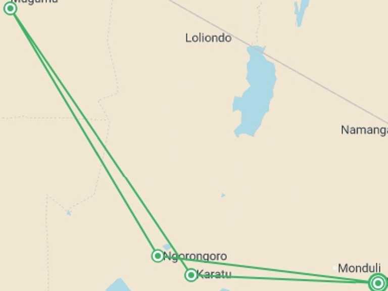 Map itinerary of Africa Tour in February 2027 with 4 destination visits for the trip: Tanzania: The Serengeti, Ngorongoro Crater & Local Flavours