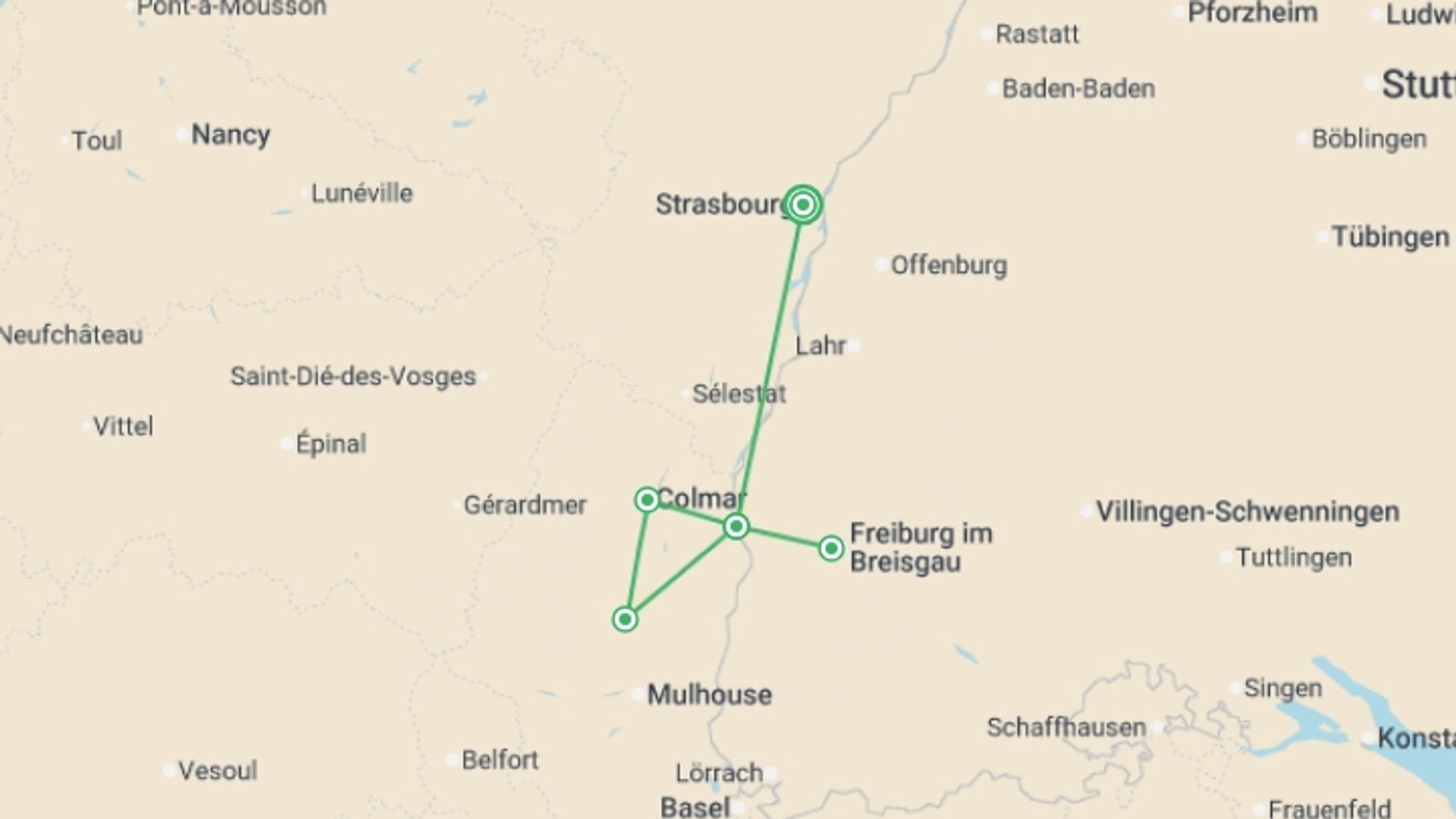 A map showing the tour itinerary for the trip: A Bountiful Christmas in Alsace and the Black Forest (port-to-port cruise), starting in Strasbourg, France and ending in Strasbourg, France going through 1 other destinations.
