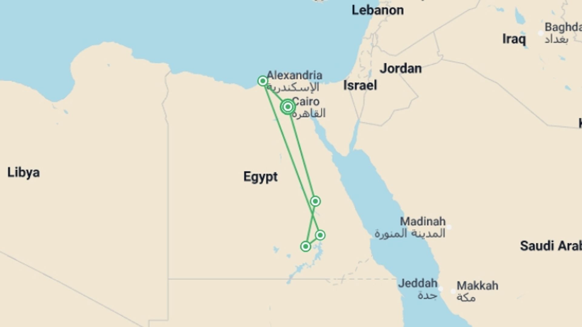 A map showing the tour itinerary for the trip: Egypt Experience, starting in Cairo, Egypt and ending in Cairo, Egypt going through 4 other destinations.