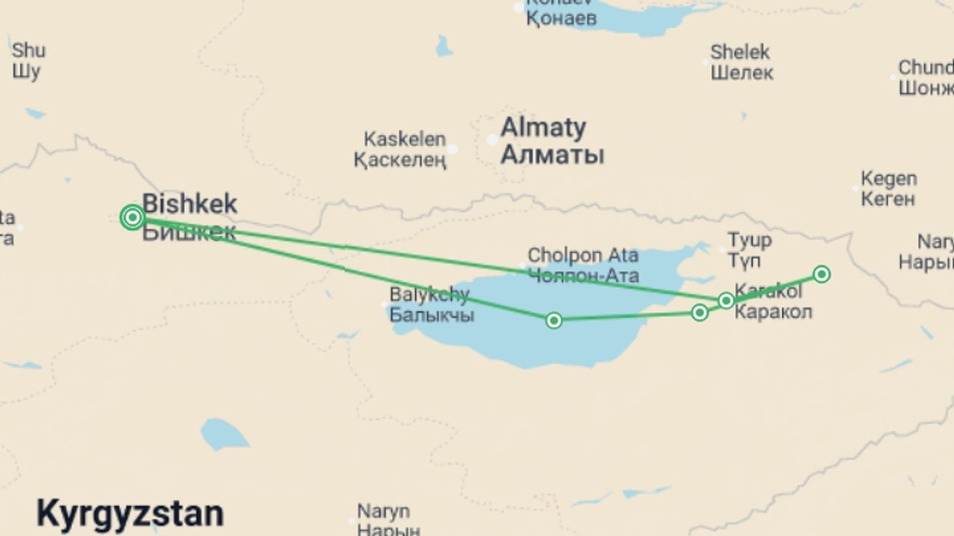A map showing the tour itinerary for the trip: Kyrgyzstan: Trekking the Tien Shan Trails, starting in Bishkek, Kyrgyzstan and ending in Bishkek, Kyrgyzstan going through 4 other destinations.