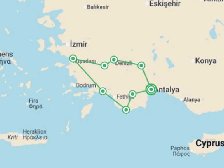 Map of Turkey Trekking and Hiking Tour with 9 destination visits for the trip: Highlights and hidden gems of Western Turkey