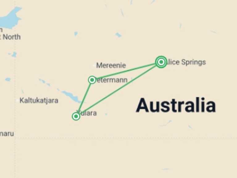Map of a Adventure and sport Tour with 3 destination visits for the trip: Outback Contrasts