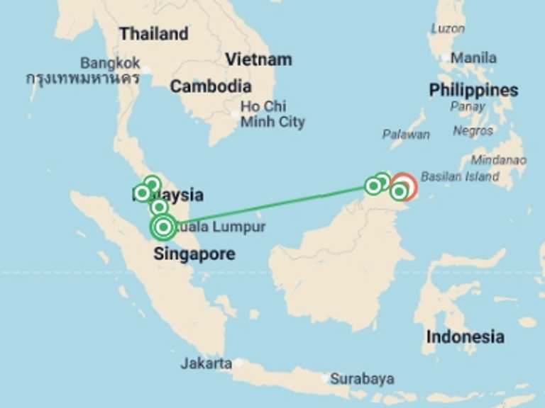 Map itinerary of Malaysia Tour in August 2026 with 11 destination visits for the trip: Malaysia's Ultimate Adventure