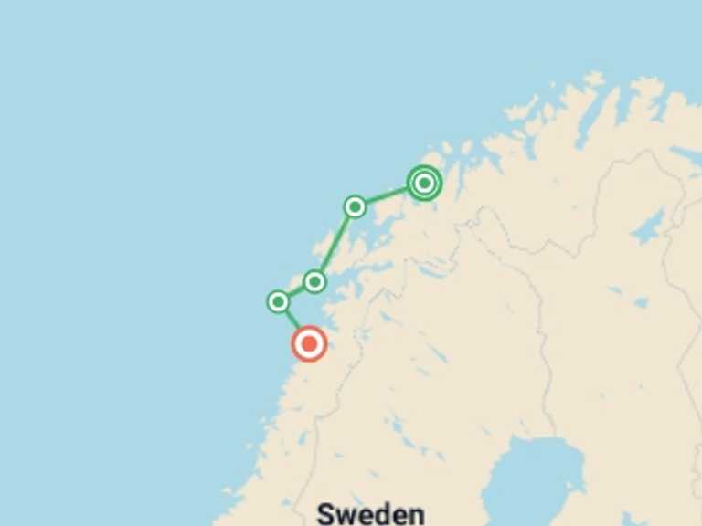 Map of 8-Day Norway Tour with 5 destination visits for the trip: Arctic Norway Discovery - 8 days