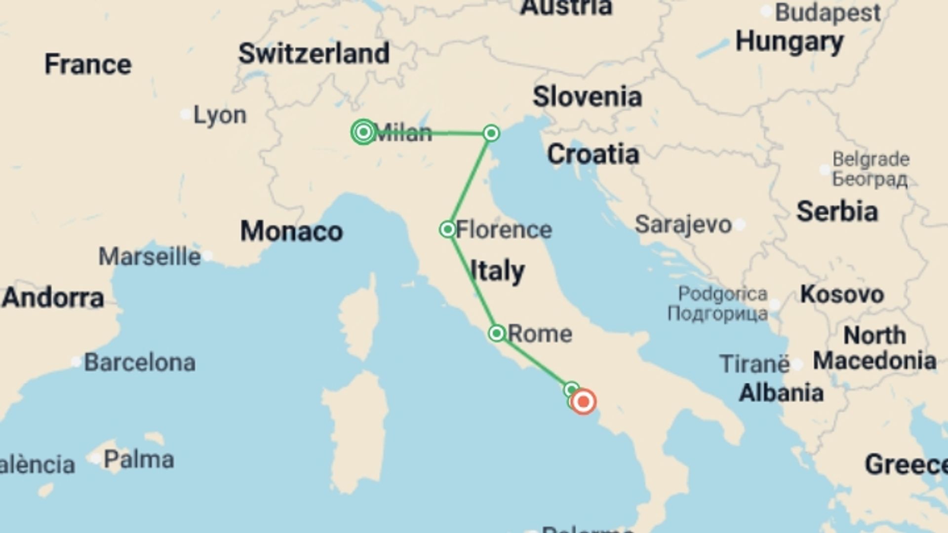 A map showing the tour itinerary for the trip: Absolute Italy: Milan to the Amalfi Coast, starting in Milan, Italy and ending in Amalfi Coast & Campania, Italy going through 7 other destinations.