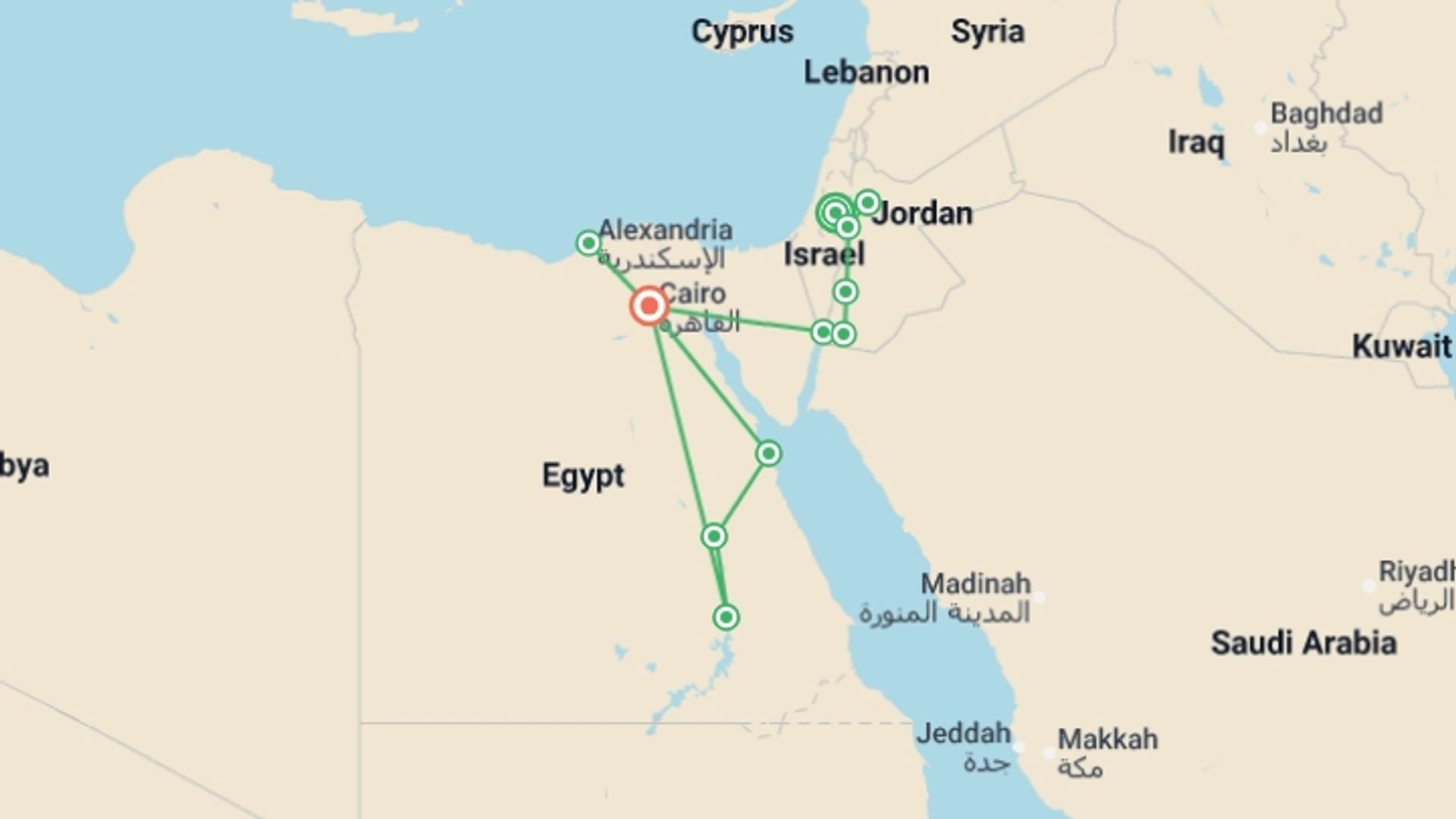 A map showing the tour itinerary for the trip: Jerusalem, Jordan and Secrets of the Nile with Alexandria, starting in Jerusalem, Israel and ending in Cairo, Egypt going through 9 other destinations.