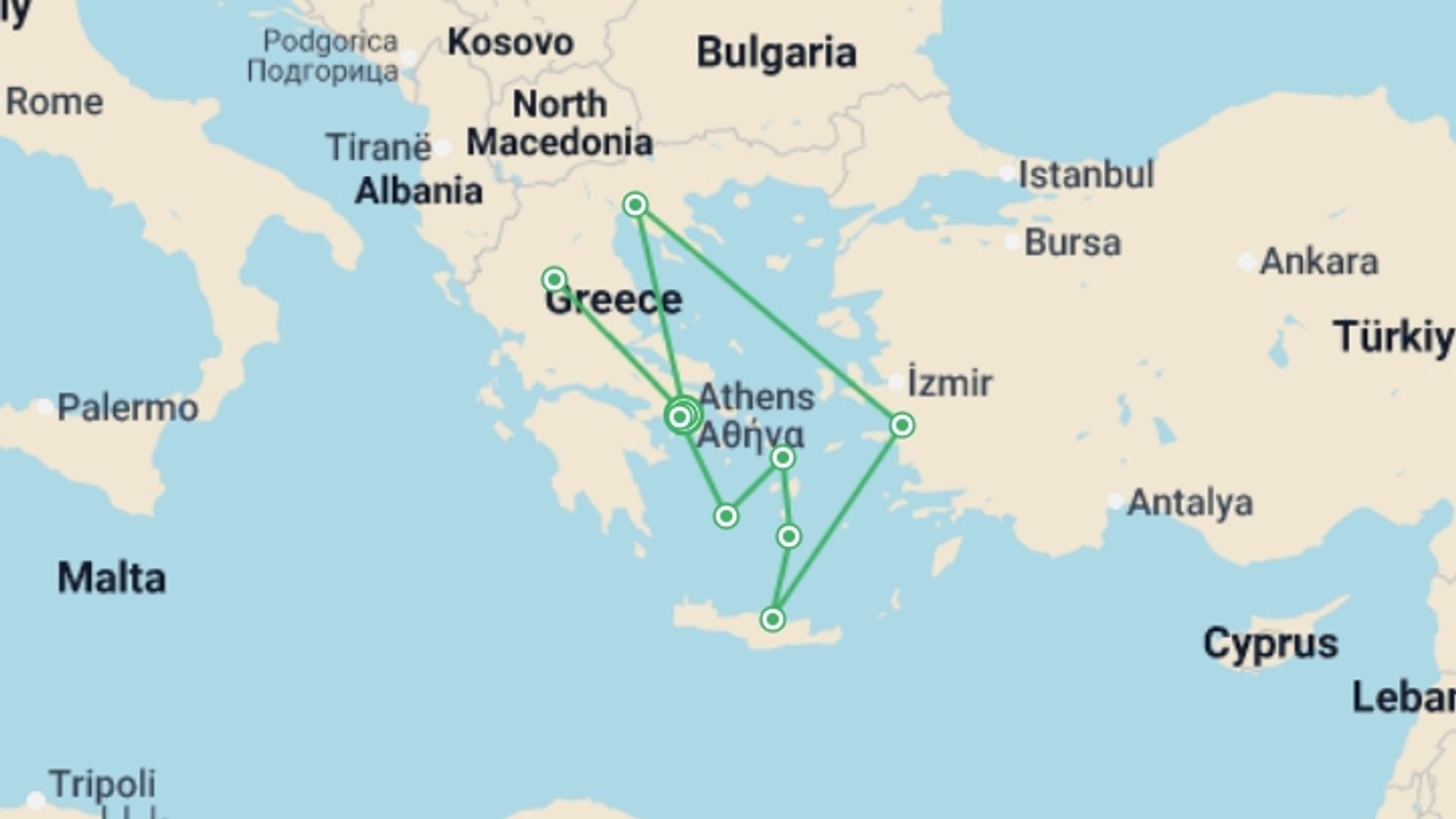 A map showing the tour itinerary for the trip: Greece & Idyllic Aegean Cruise - 11 days, starting in Athens, Greece and ending in Athens, Greece going through 7 other destinations.