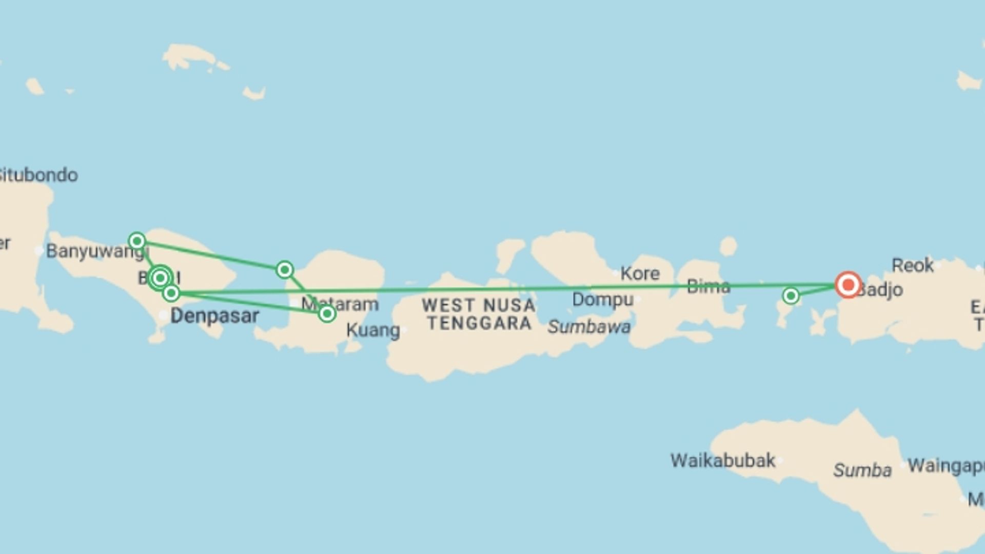 A map showing the tour itinerary for the trip: Epic Indonesia 19 Day, starting in Bali, Indonesia and ending in Labuan Bajo, Indonesia going through 6 other destinations.