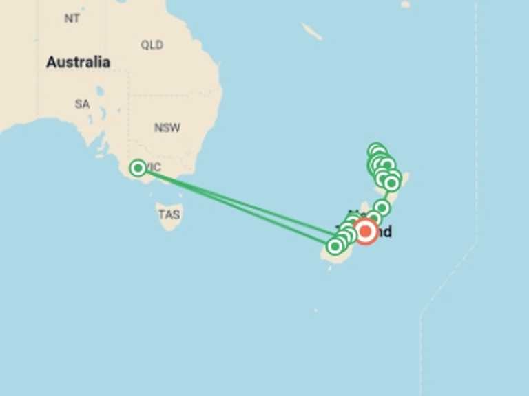 Map itinerary of Auckland Tour in April 2027 with 14 destination visits for the trip: Ultimate New Zealand