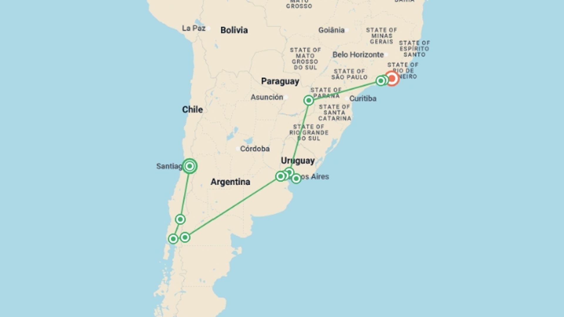 A map showing the tour itinerary for the trip: Chile to Brazil: Road Trippin’ Lake District & Beyond, starting in Santiago, Chile and ending in Rio de Janeiro, Brazil going through 10 other destinations.