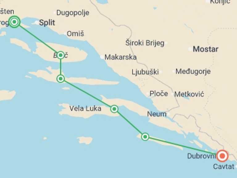 Map itinerary of Mediterranean Tour in June 2026 with 6 destination visits for the trip: Dalmatian Coast Island Hopping