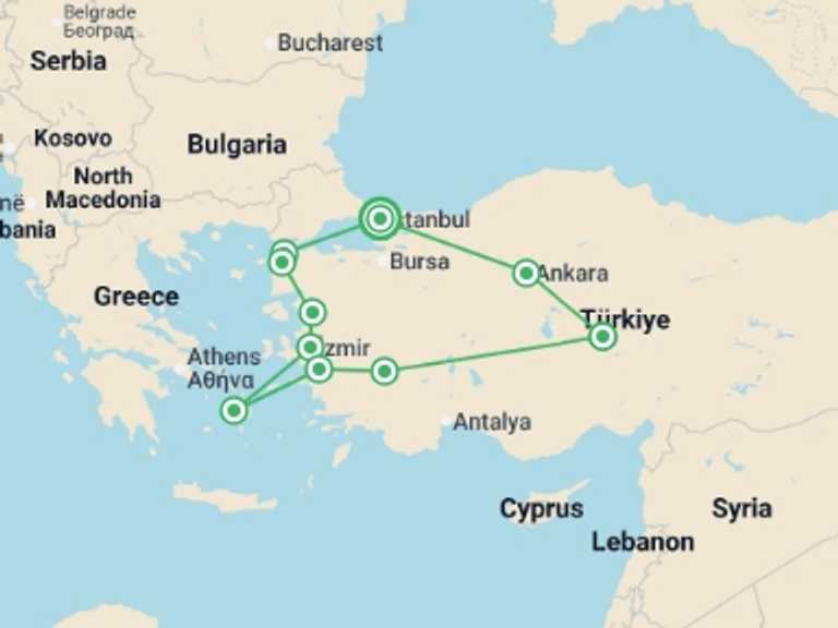 Map of 7-Day Istanbul Tour with 6 destination visits for the trip: Classic Turkey - 7 days