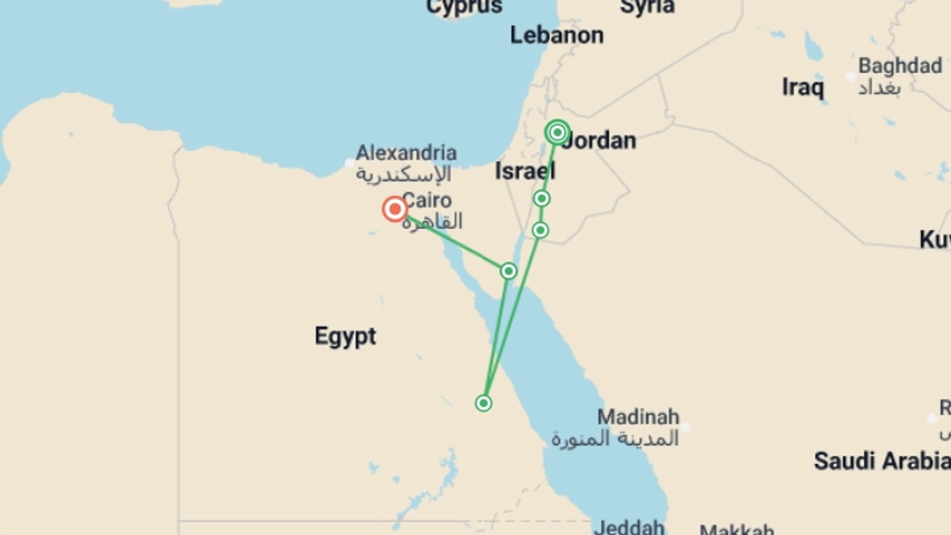 A map showing the tour itinerary for the trip: Jordan & Egypt Express, starting in Amman, Jordan and ending in Cairo, Egypt going through 4 other destinations.