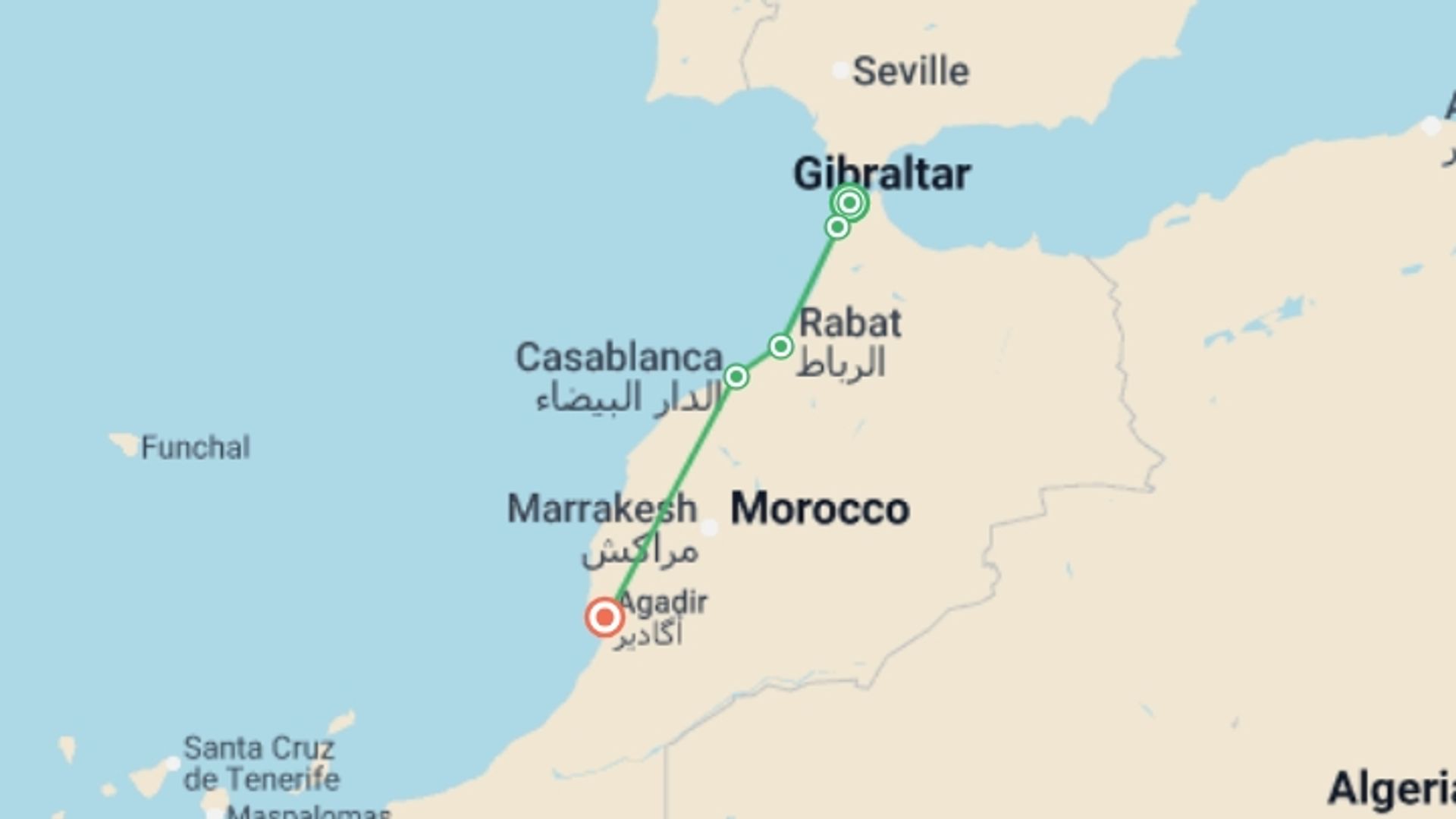 A map showing the tour itinerary for the trip: Atlantic Morocco, starting in Tangier, Morocco and ending in Agadir, Morocco going through 2 other destinations.