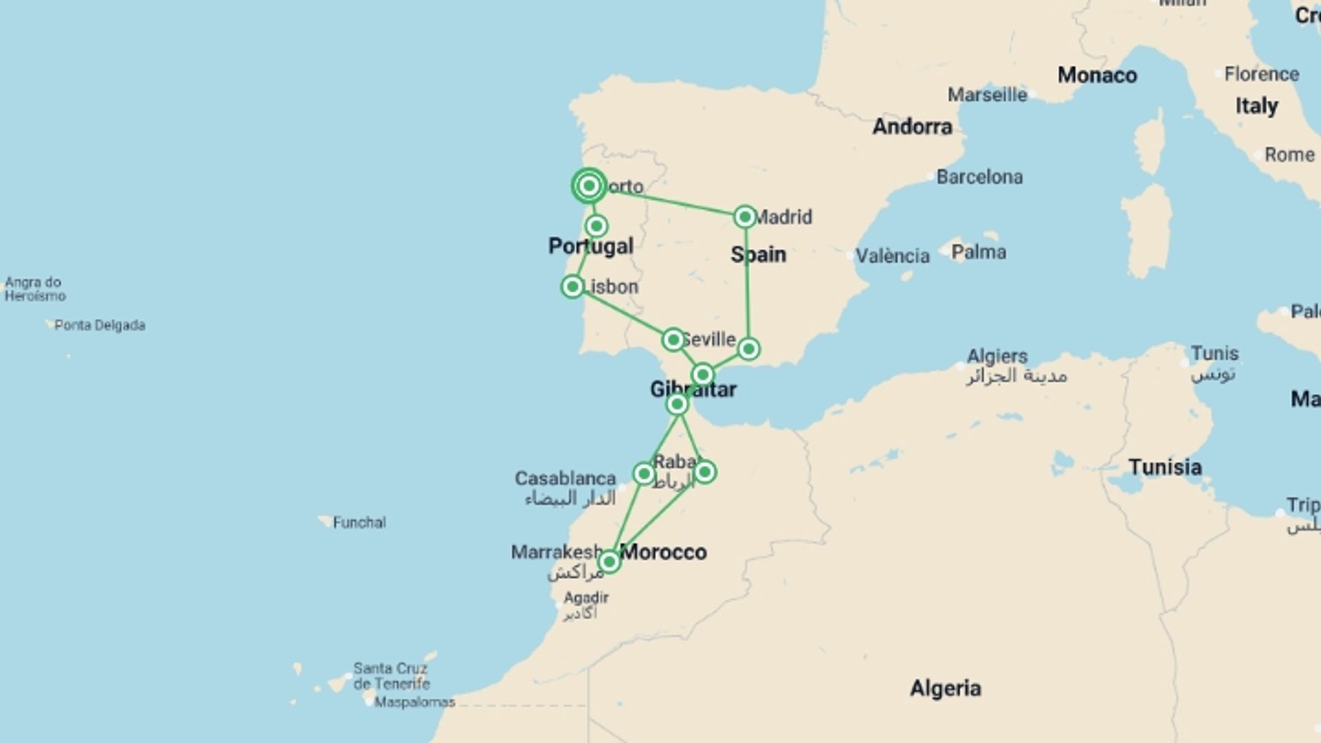 A map showing the tour itinerary for the trip: Porto to Marrakech Loop - 18 days, starting in Porto, Portugal and ending in Porto, Portugal going through 10 other destinations.