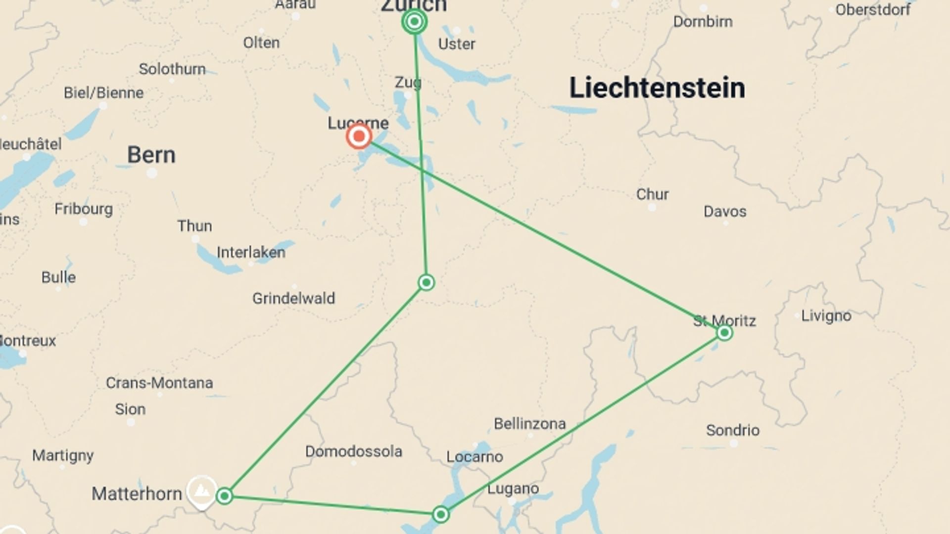 A map showing the tour itinerary for the trip: Alpine Lakes & Scenic Trains featuring a cruise on Lake Maggiore and scenic trains in Switzerland & Italy, starting in Zurich, Switzerland and ending in Lucerne, Switzerland going through 2 other destinations.