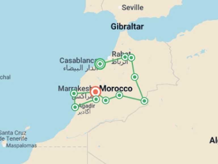 Map itinerary of Morocco Tour in August 2026 with 11 destination visits for the trip: Epic Morocco