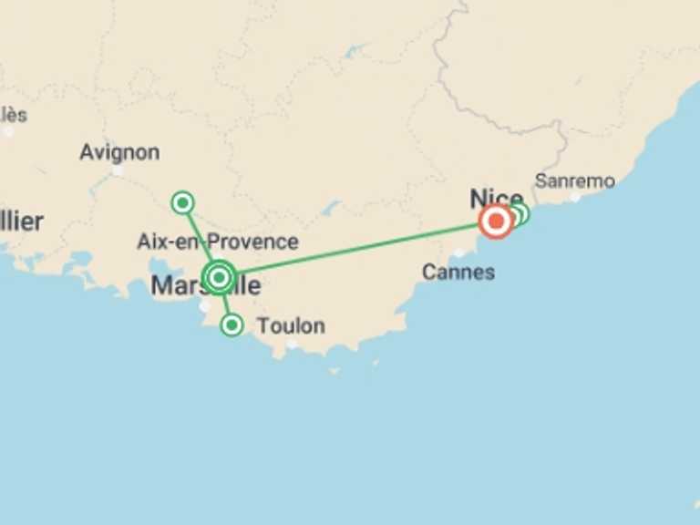 Map of 8-Day Provence Tour with 3 destination visits for the trip: Provence & the French Riviera Discovery