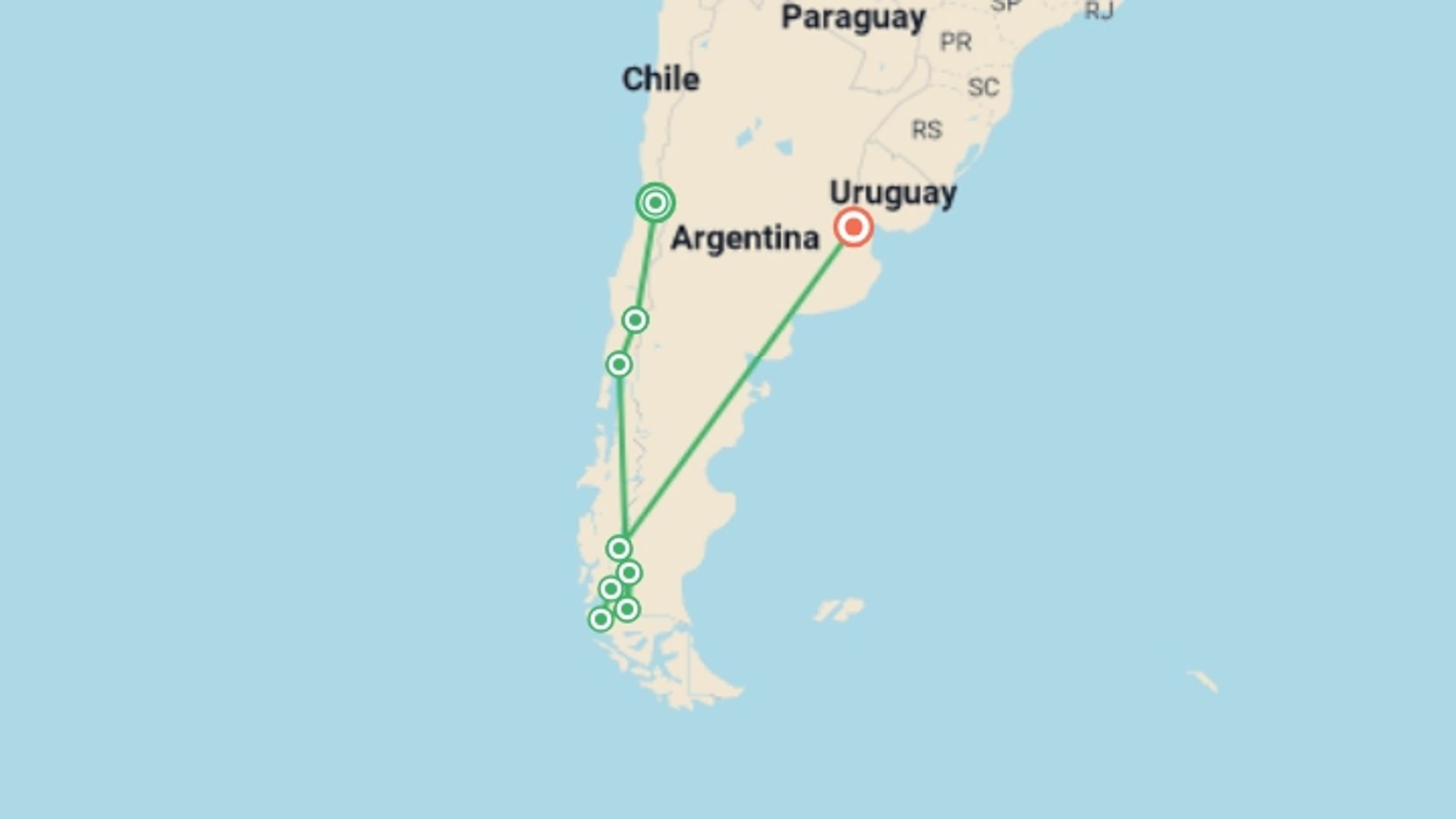 A map showing the tour itinerary for the trip: Chile to Argentina: Patagonia Peaks & Campfire Nights, starting in Santiago, Chile and ending in Buenos Aires, Argentina going through 7 other destinations.