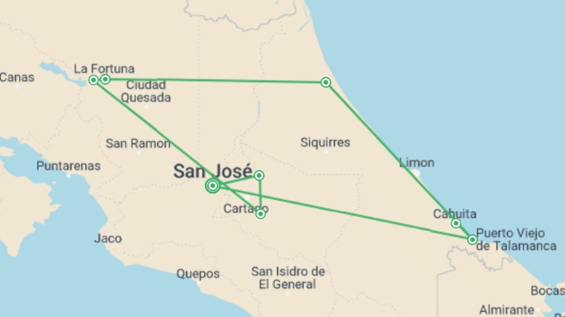A map showing the tour itinerary for the trip: Naturally Costa Rica, starting in San Jose, Costa Rica and ending in San Jose, Costa Rica going through 6 other destinations.