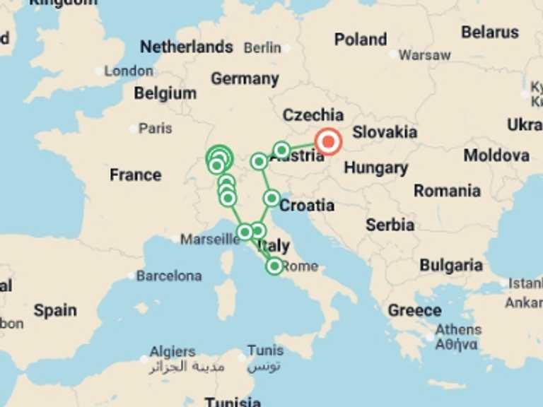 Map itinerary of Europe Tour in January 2027 with 7 destination visits for the trip: A European Odyssey