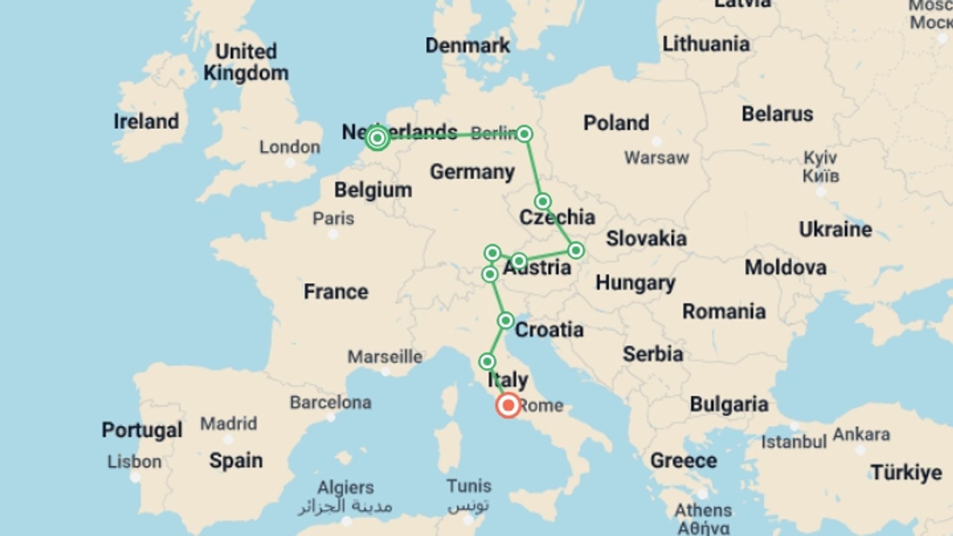 A map showing the tour itinerary for the trip: Gotta-See Europe: Germany, Austria, Italy, starting in Amsterdam, Holland and ending in Rome, Italy going through 8 other destinations.