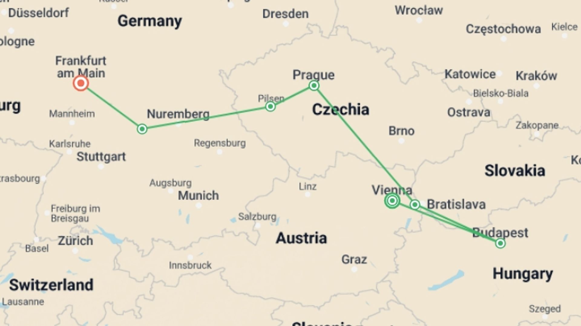 A map showing the tour itinerary for the trip: A Piece of Europe AR, starting in Vienna, Austria and ending in Frankfurt, Germany going through 2 other destinations.