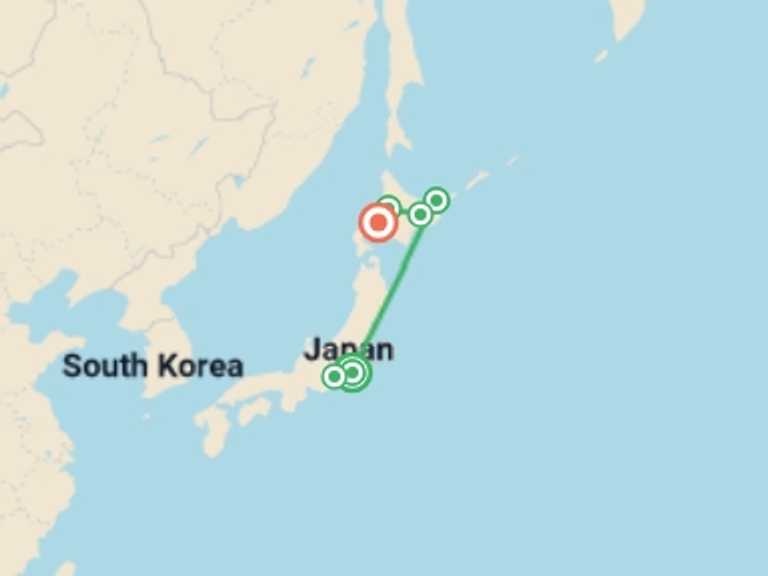 Map itinerary of Tokyo Tour in August 2027 with 6 destination visits for the trip: Active Japan: Mt Fuji & Hokkaido