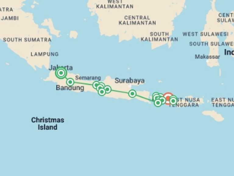 Map of a Explorer Tour with 18 destination visits for the trip: Indonesia: Jakarta, Bali & Lombok