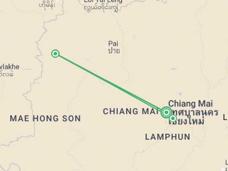 Map itinerary of Thailand Tour in November 2026 with 3 destination visits for the trip: Northern Thailand Hike & Homestays