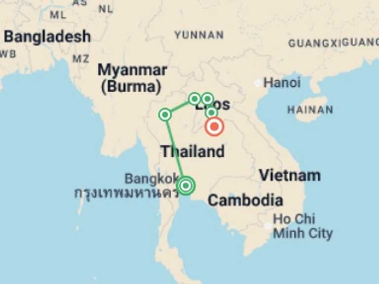 Map itinerary of Asia Tour in September 2027 with 7 destination visits for the trip: Real Thailand & Laos