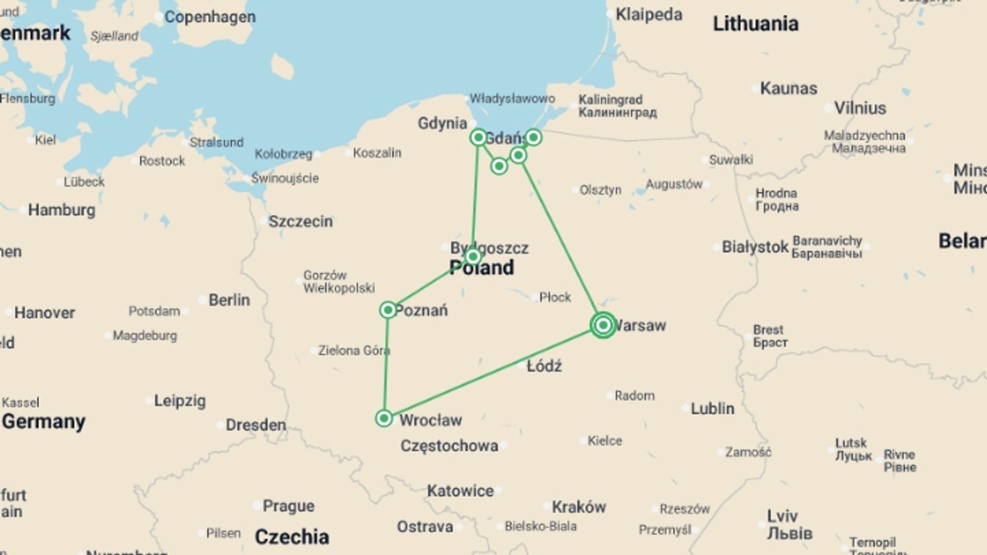 A map showing the tour itinerary for the trip: Northern Poland Tour, starting in Warsaw, Poland and ending in Warsaw, Poland going through 2 other destinations.